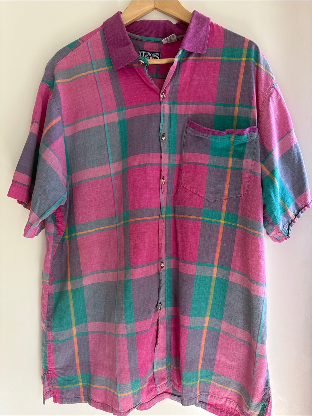 Vintage 80s/90s HONORS Plaid Polo Shirt XL Pink Teal Purple Cotton Preppy